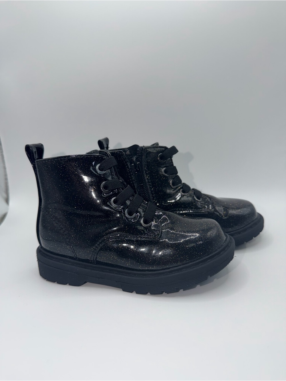 Kids Glittery Black Lace-Up Ankle Boots with Side Zip